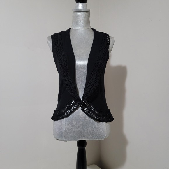 Cache vintage y2k Boho Crochet open cardigan vest crop black S - Picture 3 of 8